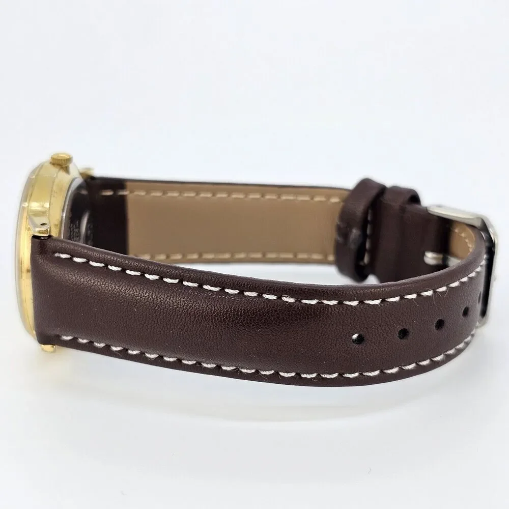 VTG Timex Men's Watch 32MM Gold Dial DayDate New Brown Leather Bands New Battery
